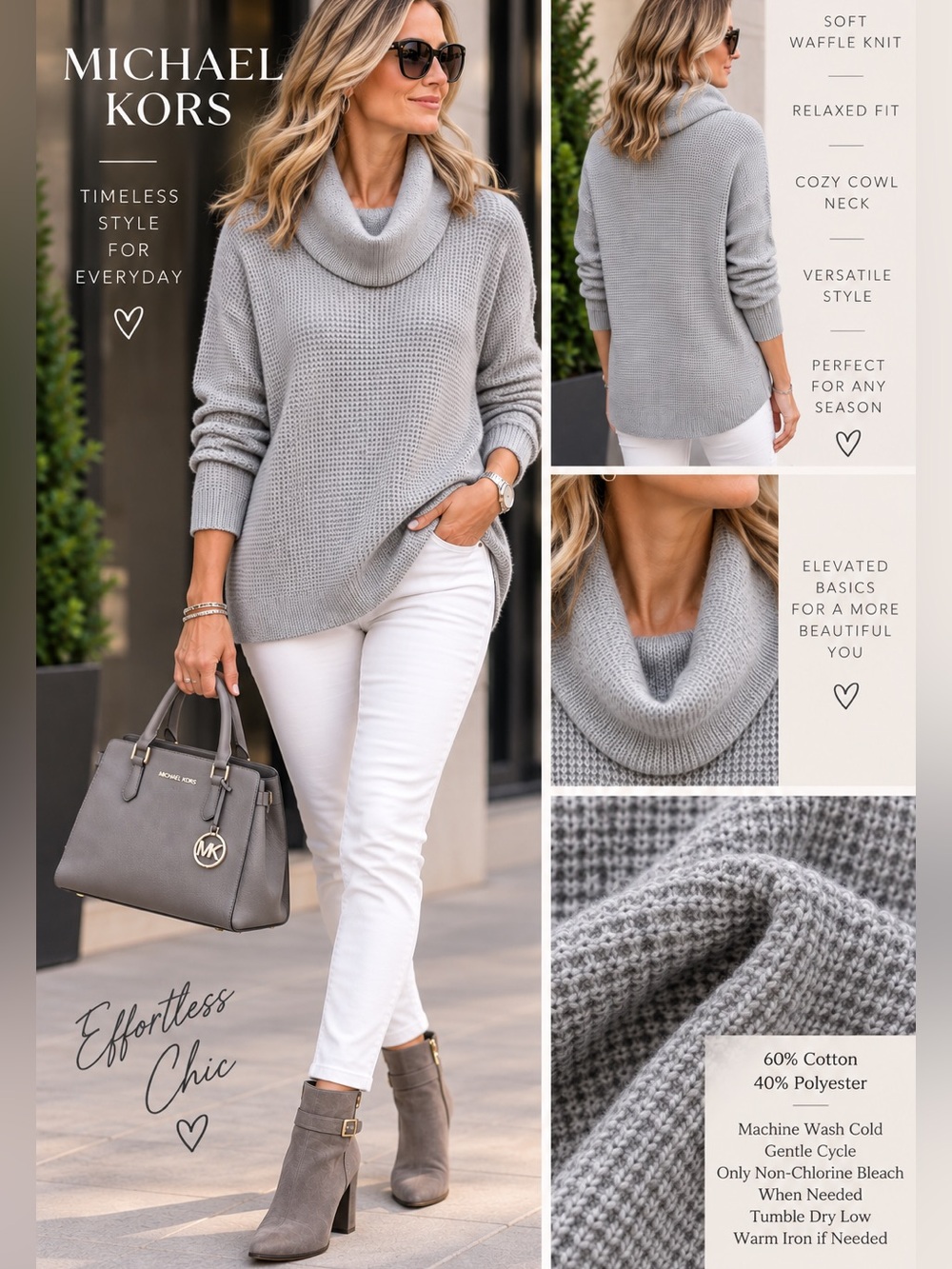 Michael Kors Size L Light Gray Waffle Knit Cowl Neck Sweater Cotton Blend